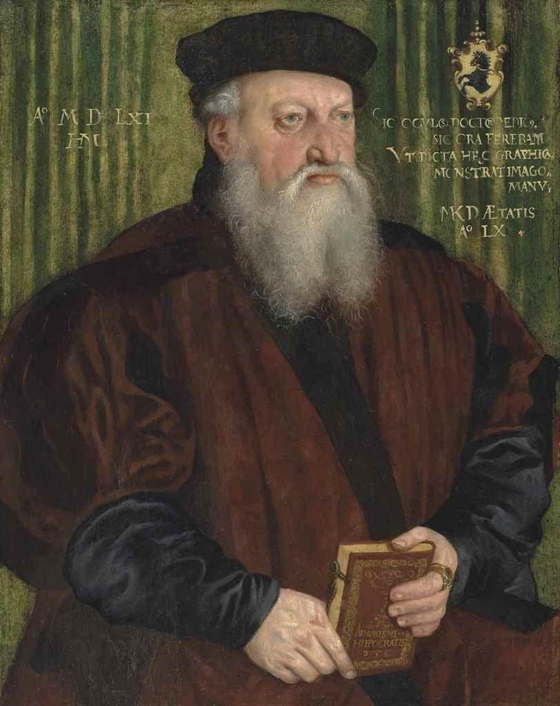 Attribué à Hans Mielich, Portrait de Martin Klostermair (né en 1502), âgé de 60 ans, mi-corps, manteau brun et calotte noire, tenant un livre, 1516-1573, huile sur panneau, 49.5x41.6 cm, NY : Christies