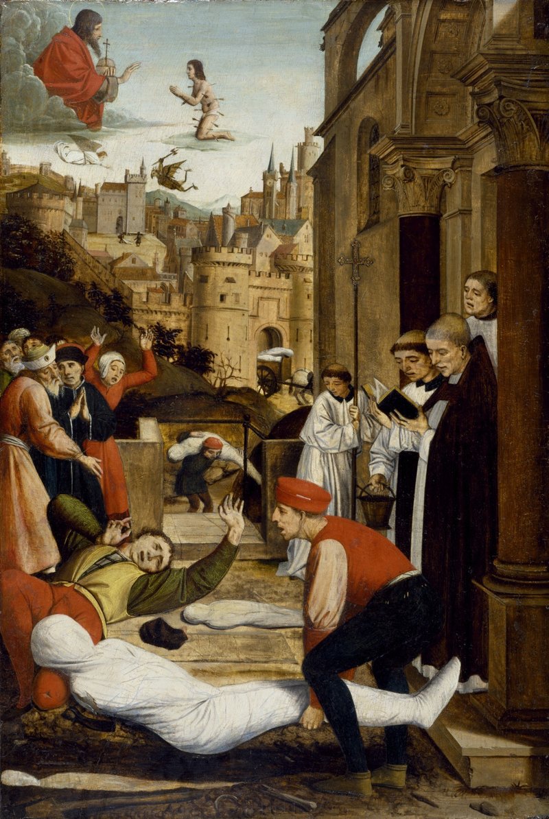 Josse Lieferinxe, St. Sebastian kneels before God while a Grave Attendant is Stricken with the Plague as He is Burying Someone who Died of the Disease, 15Th century, Mount Vernon-Belvedere, Baltimore, Maryland: Walters Art Museum