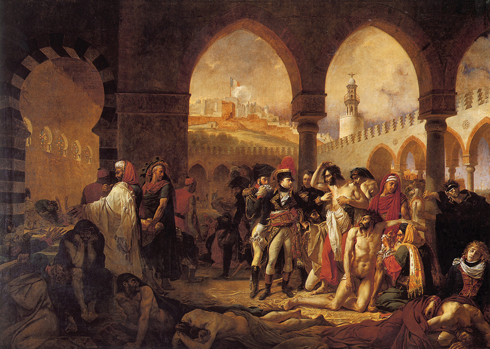 אנטואן ז'ן גרו, בונפרטה מבקר את קורבנות המגפה ביפו, 11 במרץ 1799, 1804, שמן על קנווס, 532X 720 ס"מ, פריז: לובר
