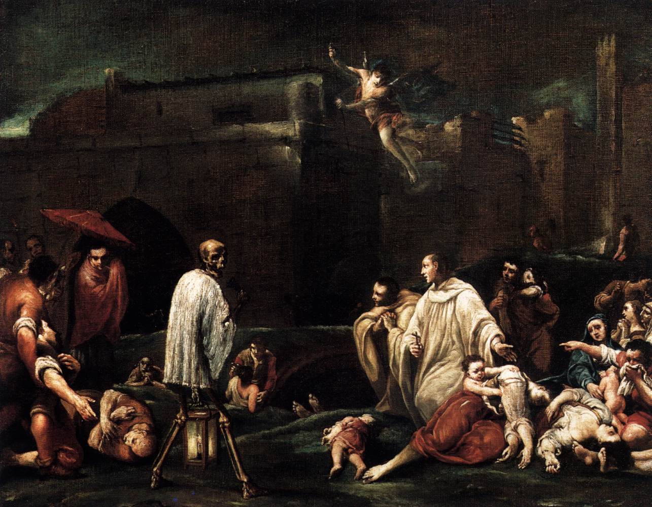 This painting is a variation of a work by Giuseppe Maria Crespi. It was painted in the artist's workshop, perhaps by one of Crespi's three sons, The Blessed Bernardo Tolomeo's Intercession for the End of the Plague in Siena, c. 1735, Oil on canvas, 78 x 97 cm, Vienna: Akademie der bildenden Künste