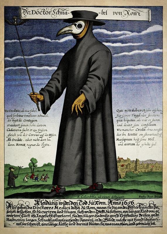 Artist unknown, Doctor Schnabel [i.e Dr. Beak], a plague doctor in seventeenth-century Rome, with a satirical macaronic poem (‘Vos Creditis, als eine Fabel, / quod scribitur vom Doctor Schnabel’) in octosyllabic rhyming couplets, Copper engraving, after 1656