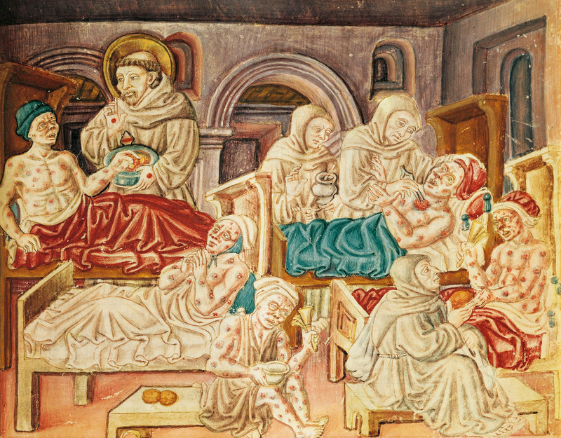 Artist unknown, St. Francis and others Treating Victims of Leprosy, from a manuscript of La Franceschina, (c.1474), a chronicle of the Order by Franciscan Jacopo Oddi of Perugia, circa 1474, Perugia: Biblioteca Augusta