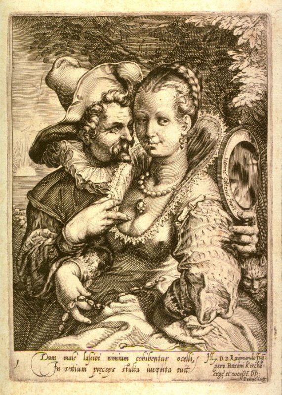 Hendrik Goltzius, Les cinq sens : La vue, c. 1595. Taille de la gravure inconnue, localisation inconnue
