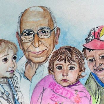 Family portrait painting - grandfather with the grandchildren, a gift for grandfather