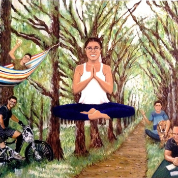 Family portrait painting - five of the household in the woods