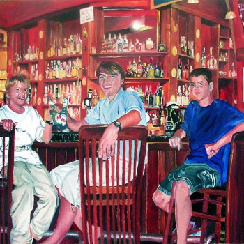 Portrait de famille - le père et ses enfants à une fête, cadeau pour le mari