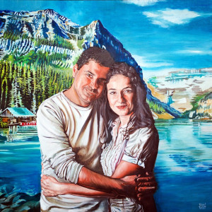 Couple portrait painting against a lake and snow-covered mountains